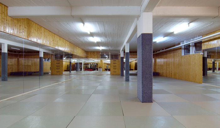 Trainingshalle (Dôjô) des Eschborner Sportclubs mit Matten und Spiegeln